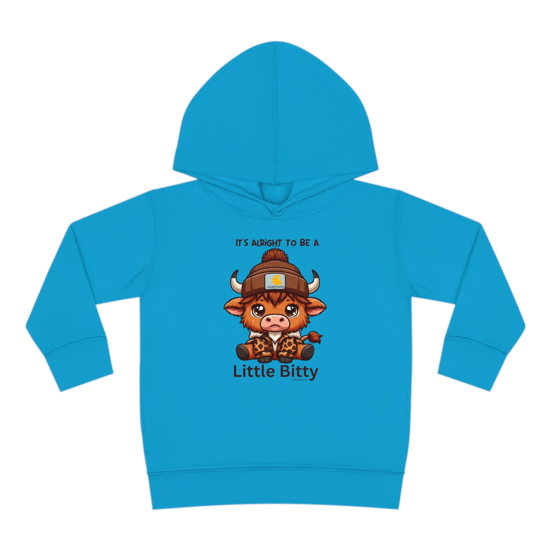 Little Bitty Toddler Hoodie featuring a cartoon cow design, ideal for cozy days. Jersey-lined hood, cover-stitched details, and side seam pockets for durability and comfort. From Worlds Worst Tees.
