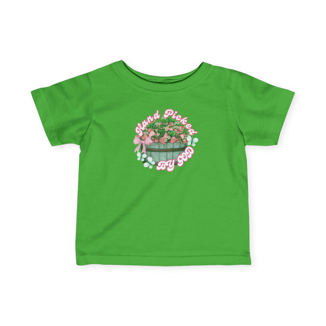 Hand Picked by GOD Baby Tee, featuring durable ribbed knitting, taped shoulders, and a classic fit, perfect for infants' comfort and style.