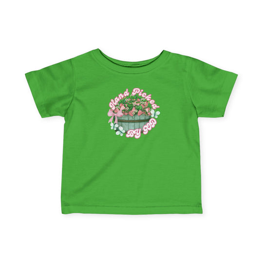 Hand Picked by GOD Baby Tee, featuring durable ribbed knitting, taped shoulders, and a classic fit, perfect for infants' comfort and style.