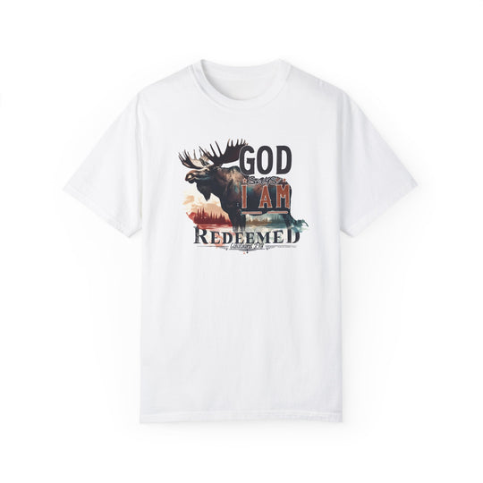 Redeemed Tee: A white shirt featuring a moose design, made of 100% ring-spun cotton. Garment-dyed for extra softness, with a relaxed fit and durable double-needle stitching. Ideal for daily wear.