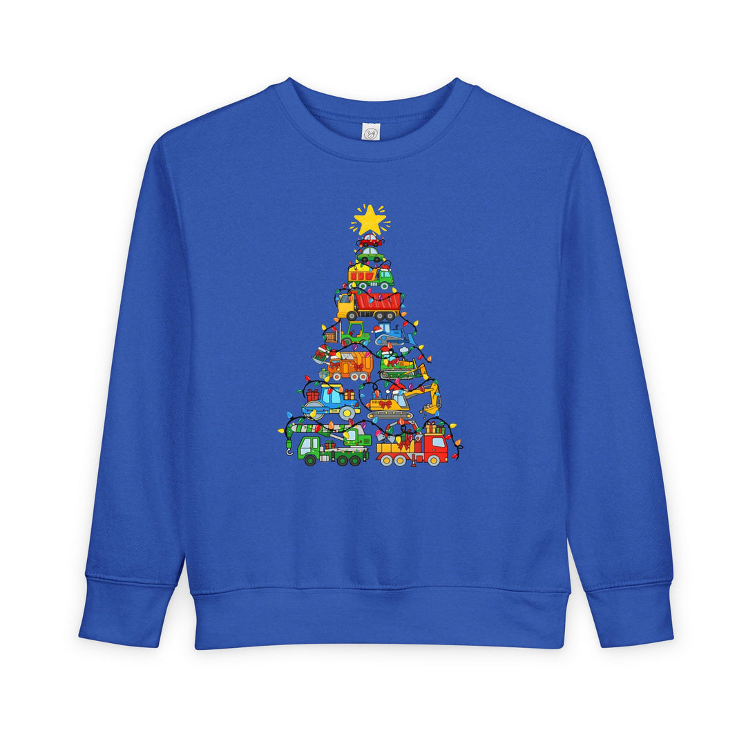 Royal-blue toddler sweatshirt with a graphic of colorful trucks forming a Christmas tree, topped with a yellow star, designed for comfort and durability.