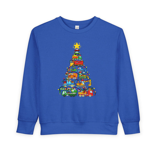 Royal-blue toddler sweatshirt with a graphic of colorful trucks forming a Christmas tree, topped with a yellow star, designed for comfort and durability.