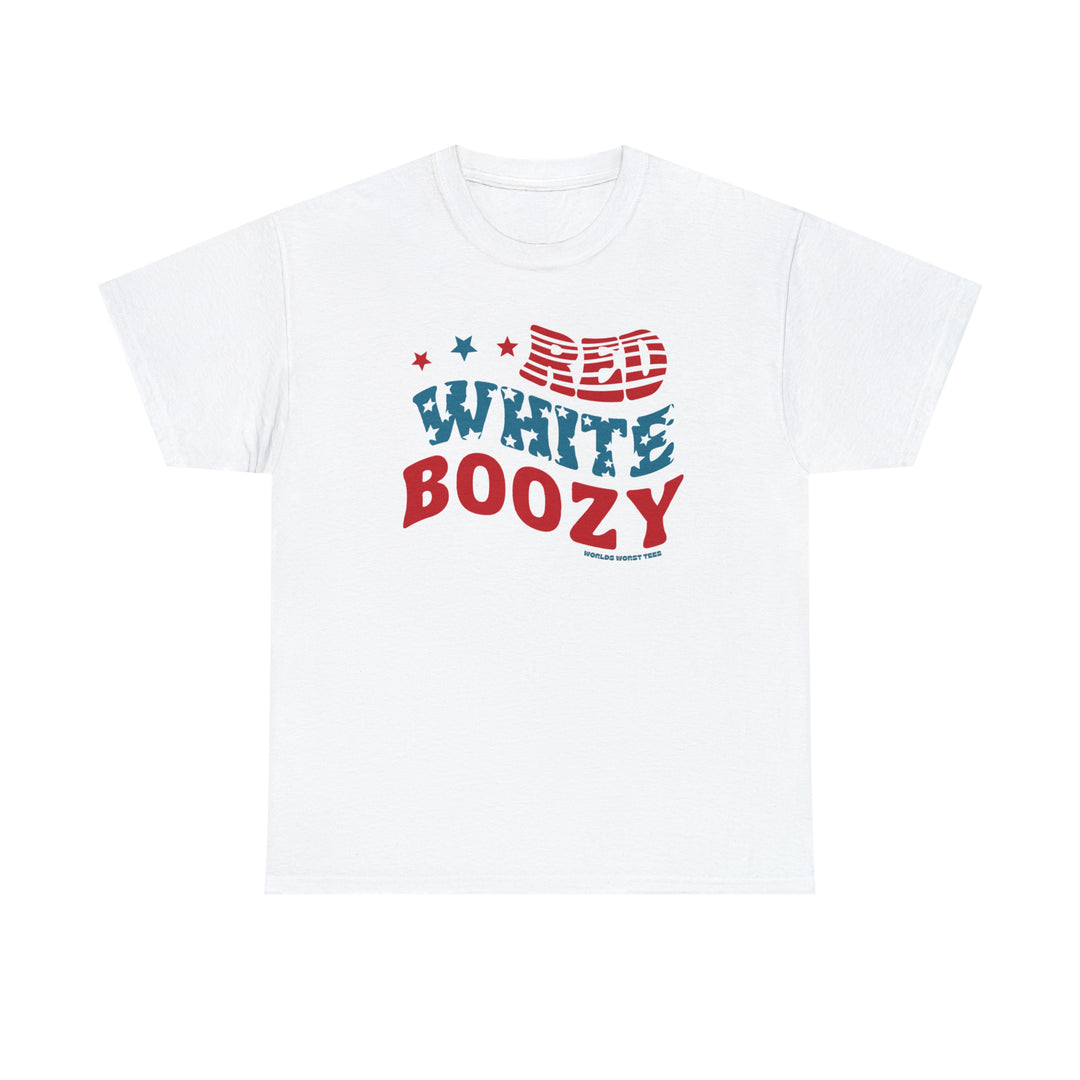 A staple Red White and Boozy tee from Worlds Worst Tees, featuring bold red and blue text on a white shirt. Unisex, heavy cotton with no side seams, ribbed collar, and durable tape on shoulders.