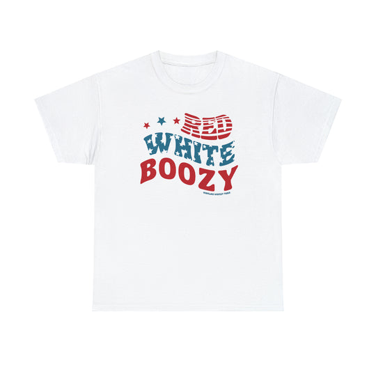 A staple Red White and Boozy tee from Worlds Worst Tees, featuring bold red and blue text on a white shirt. Unisex, heavy cotton with no side seams, ribbed collar, and durable tape on shoulders.