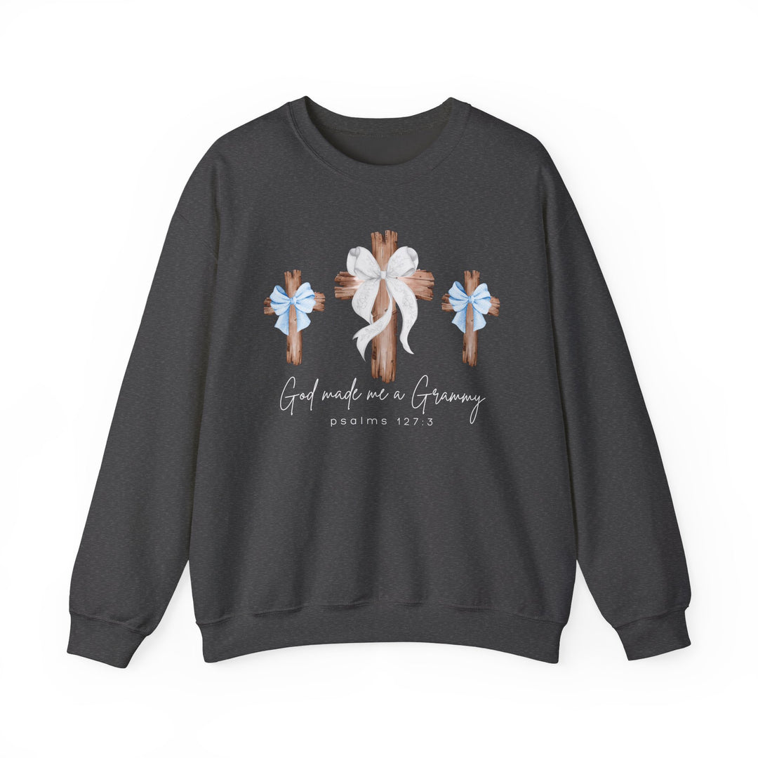 Charcoal crew-neck sweatshirt with three rustic wooden crosses, bows, and 'God made me a Grammy' text, ideal for comfort and style from Faith Family Designs.