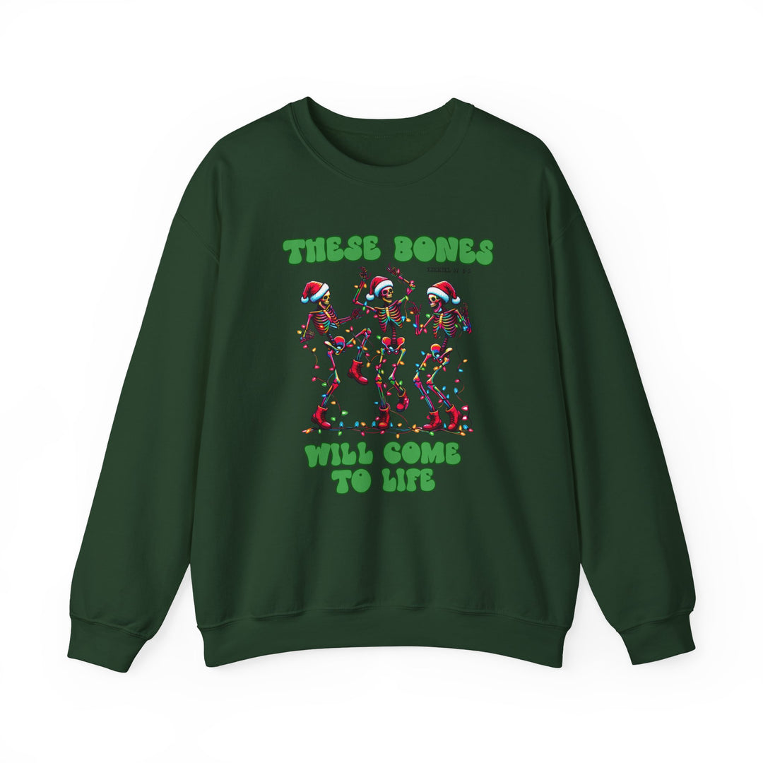 Bones Come to Life Crew: Dark-green sweatshirt with colorful dancing skeletons in Santa hats, surrounded by Christmas lights, and holiday-themed text.