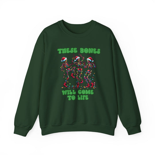 Bones Come to Life Crew: Dark-green sweatshirt with colorful dancing skeletons in Santa hats, surrounded by Christmas lights, and holiday-themed text.