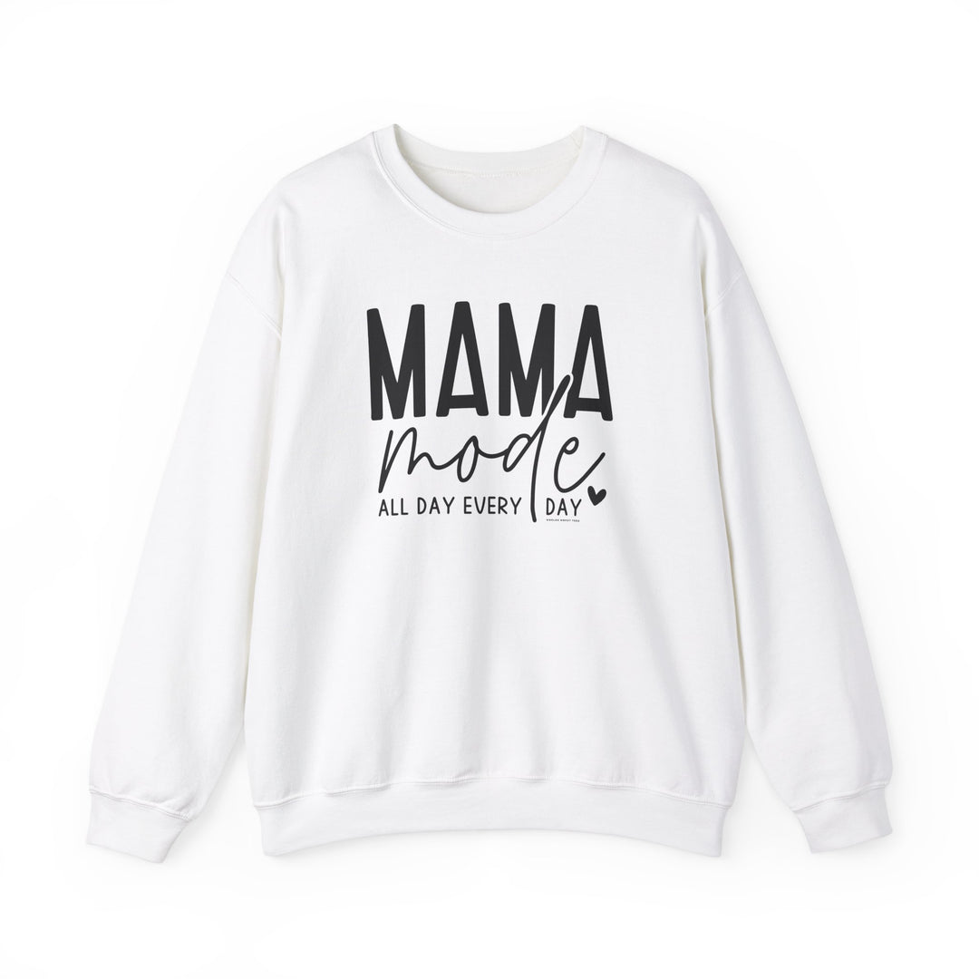 Unisex Mama Mode Crew sweatshirt, white with black text. Heavy blend fabric, ribbed knit collar, no itchy side seams. 50% cotton, 50% polyester, loose fit, true to size. Sizes: S-5XL.
