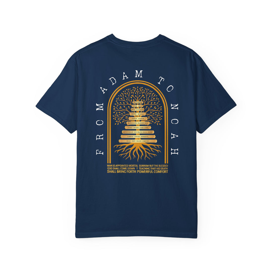 Adam to Noah Tree Tee featuring a golden family tree graphic with patriarch names and meanings, surrounded by a meaningful tagline, on a navy-blue T-shirt.