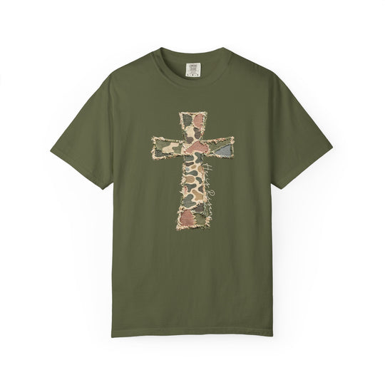 He is Risen Distressed Tee: Olive-green Comfort Colors T-shirt featuring a camouflage patchwork cross and 'He is Risen' inscription, offering a relaxed fit and durable design.