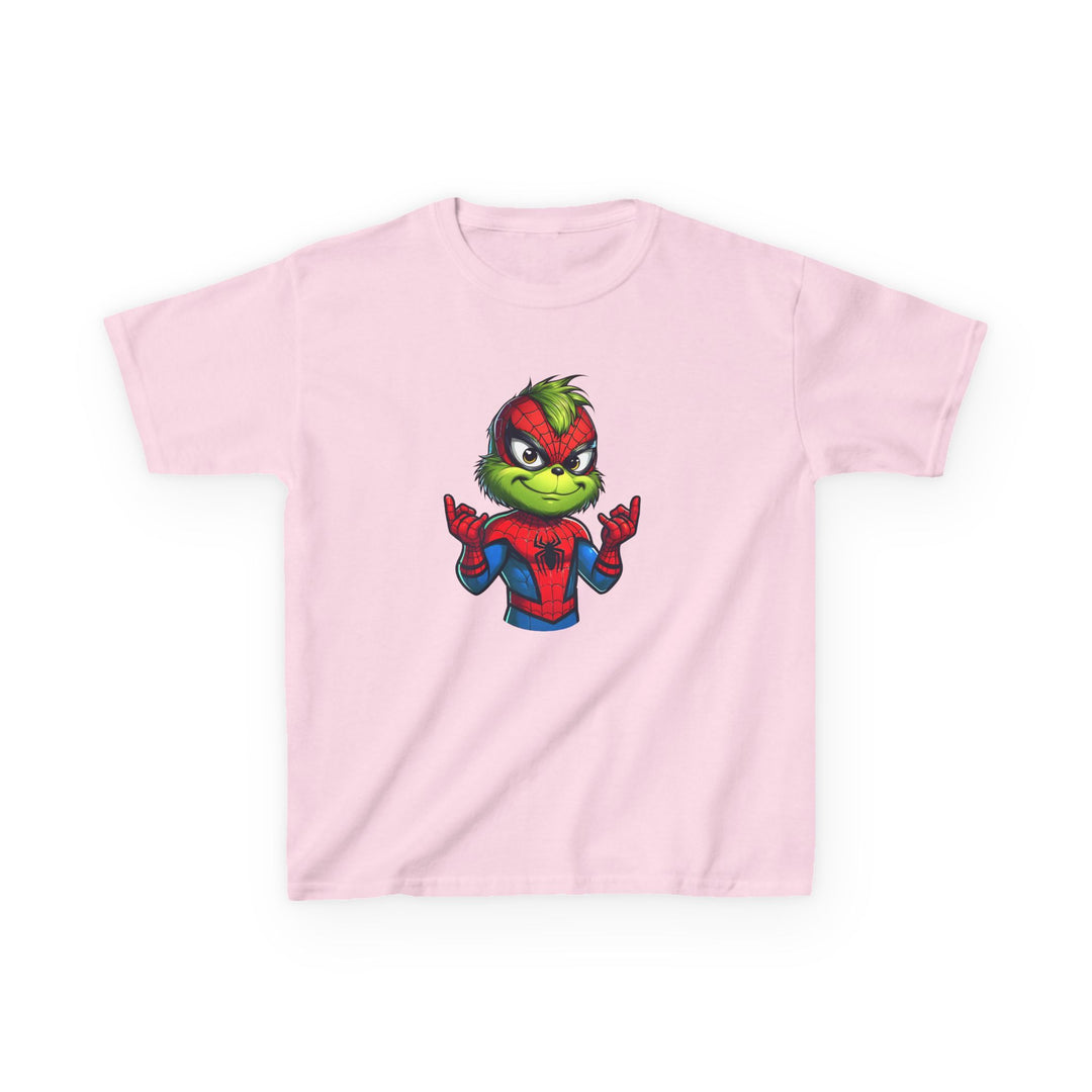 Christmas Spider Kids Tee: Light-pink, short-sleeve T-shirt featuring a Grinch-like character in a Spider-Man costume, perfect for kids, made of soft, durable US cotton.