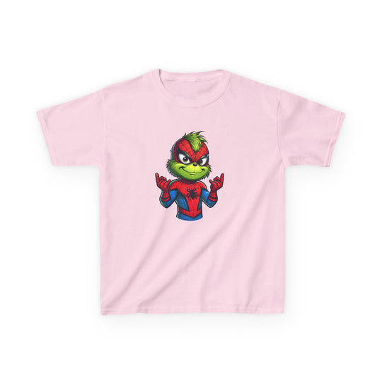 Christmas Spider Kids Tee: Light-pink, short-sleeve T-shirt featuring a Grinch-like character in a Spider-Man costume, perfect for kids, made of soft, durable US cotton.