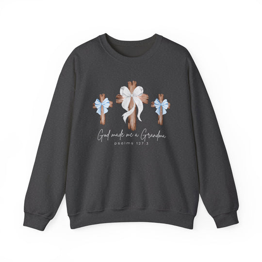 God Made Me a Grandma Crew sweatshirt featuring three wooden crosses with bows and script text, designed for comfort with a polyester-cotton blend.
