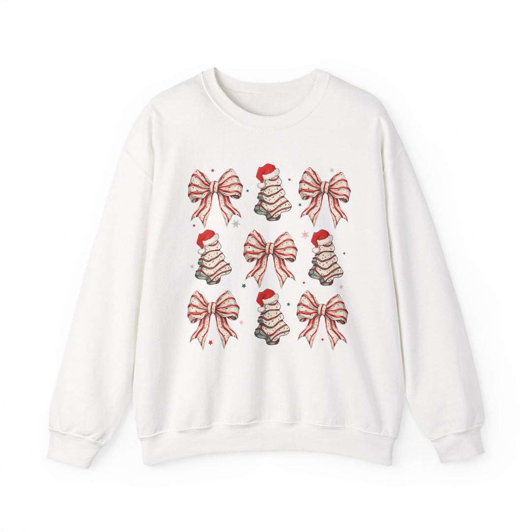 Cookies and Bows Crew sweatshirt featuring a festive 3×3 grid of candy-cane striped bows and whimsical tree motifs, providing cozy comfort and classic style.
