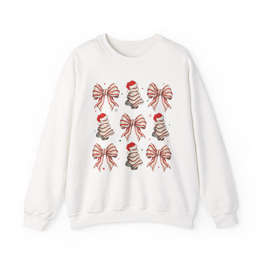 Cookies and Bows Crew sweatshirt featuring a festive 3×3 grid of candy-cane striped bows and whimsical tree motifs, providing cozy comfort and classic style.
