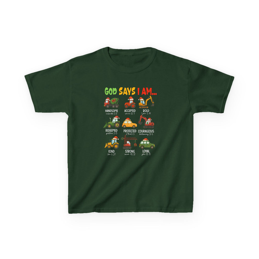 God Says Christmas Truck Kids Tee: Dark-green T-shirt with holiday-themed construction vehicles in Santa hats, each paired with positive identity statements and Bible references.