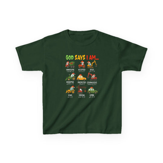 God Says Christmas Truck Kids Tee: Dark-green T-shirt with holiday-themed construction vehicles in Santa hats, each paired with positive identity statements and Bible references.