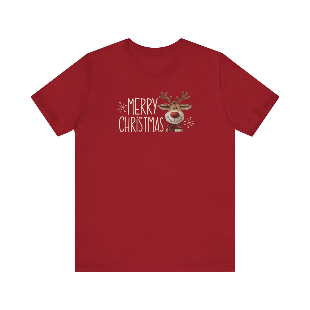 Merry Christmas Reindeer Tee featuring festive text and a cartoon reindeer head, offers a cheerful holiday vibe in a soft, unisex fit.