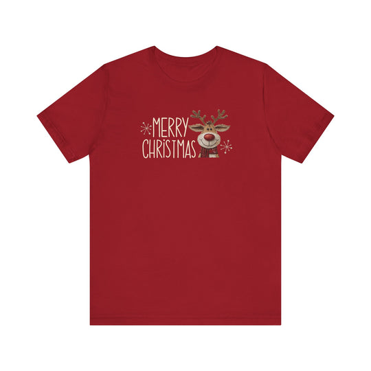 Merry Christmas Reindeer Tee featuring festive text and a cartoon reindeer head, offers a cheerful holiday vibe in a soft, unisex fit.
