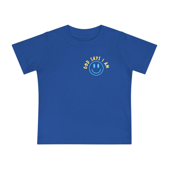 I AM Baby Tee: Royal-blue baby T-shirt featuring a light-blue smiling face graphic and GOD SAYS I AM in yellow, designed for comfort and durability.
