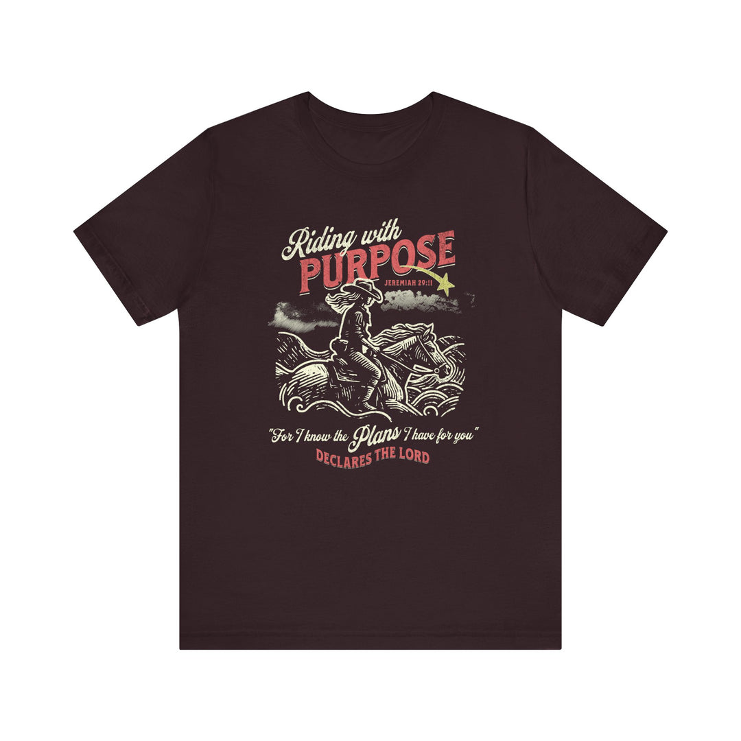 Riding for a Purpose Tee featuring a graphic of a man riding a horse, crafted from soft cotton with ribbed knit collars for enduring shape.