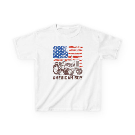 American Boy Kids Tee with distressed American flag and tractor graphic, perfect for everyday wear, crafted from soft, durable cotton for kids.