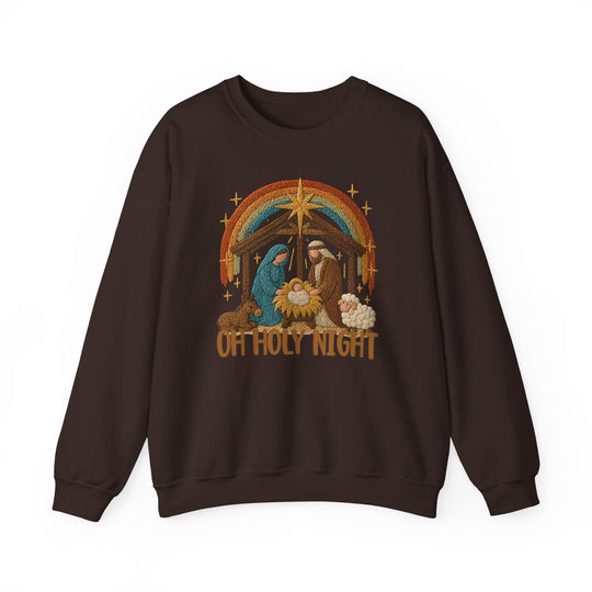 Dark-brown crewneck sweatshirt featuring a stylized Nativity scene with OH HOLY NIGHT text, offering comfort and durability.