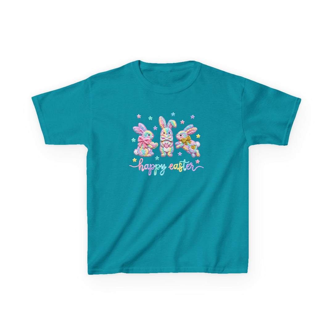 Easter Bunny Kids Tee featuring three pastel bunnies and happy easter text, designed for comfort with durable, high-quality cotton, perfect for everyday wear.