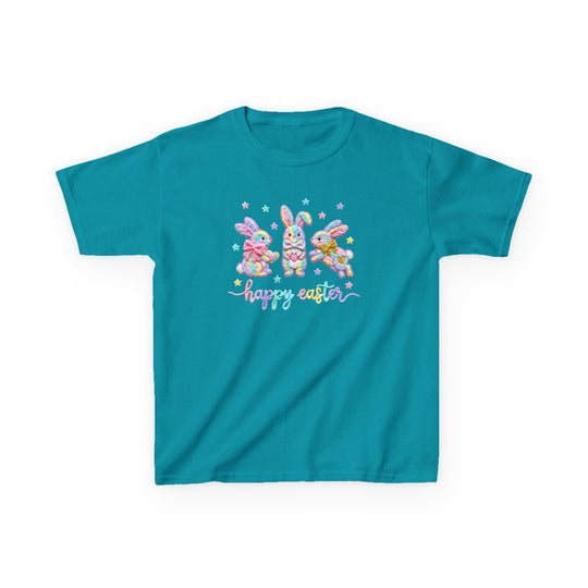 Easter Bunny Kids Tee featuring three pastel bunnies and happy easter text, designed for comfort with durable, high-quality cotton, perfect for everyday wear.