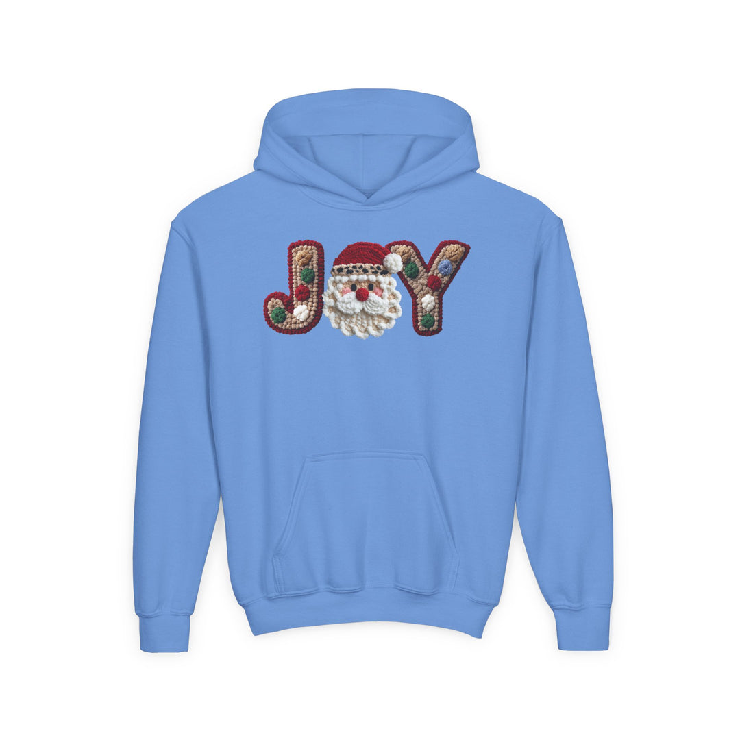 Joy Youth Hoodie: Light-blue pullover with kangaroo pocket, featuring a festive JOY design with holly, berries, and Santa face in knit-look style.