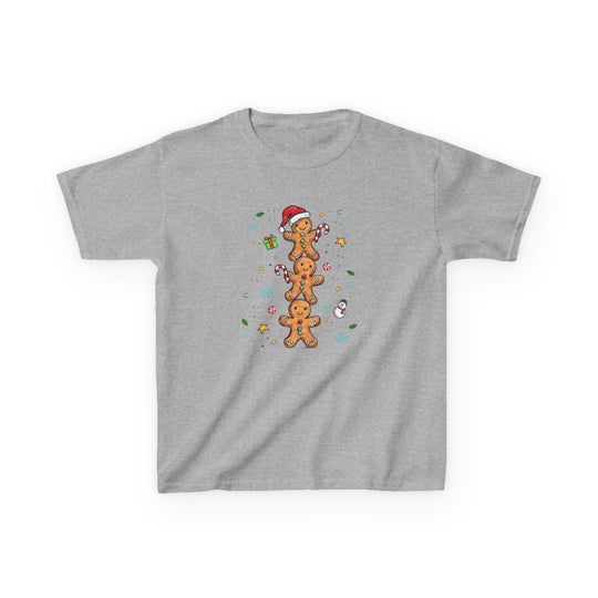 Heather-gray Gingerbread Stack Kids Tee features festive gingerbread men with candy canes, surrounded by holiday accents like holly leaves, snowflakes, and stars.