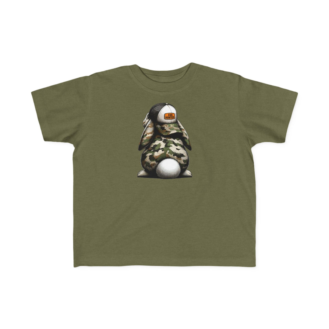 Egg Hunter Kids Tee featuring a cartoon rabbit wearing a hat, designed for toddlers' comfort with soft, durable fabric, perfect for playful adventures.