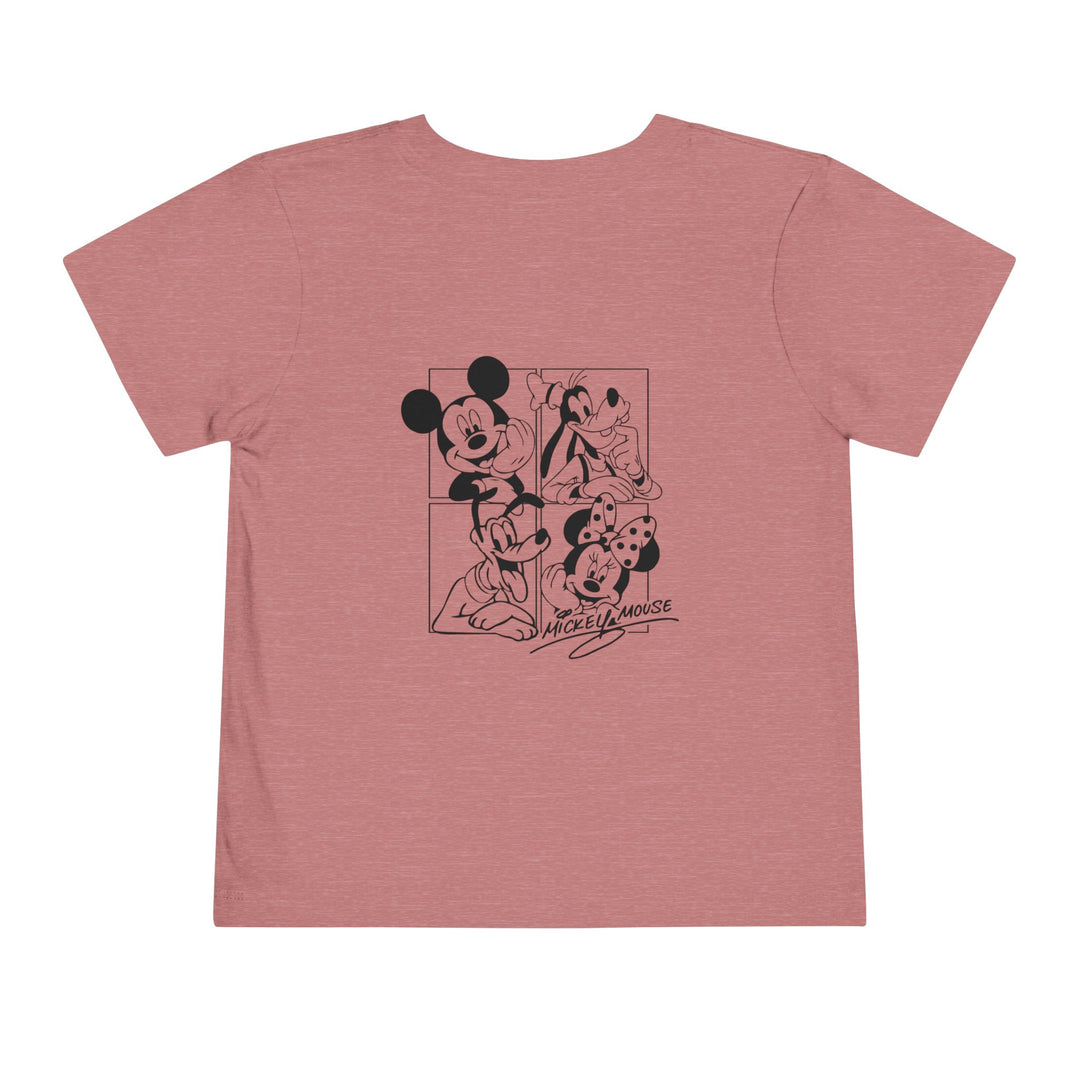 Mickey & CO Toddler Tee, a soft, short sleeve t-shirt made from 100% Airlume cotton, designed for comfort with a tear-away label, perfect for everyday wear.