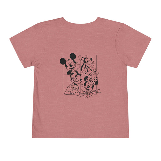 Mickey & CO Toddler Tee, a soft, short sleeve t-shirt made from 100% Airlume cotton, designed for comfort with a tear-away label, perfect for everyday wear.
