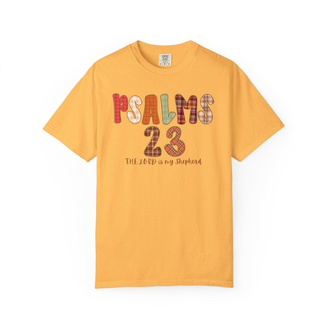Mustard-yellow Psalms 23 Tee with fall-themed patchwork graphic, featuring PSALMS 23 and The LORD is my Shepherd in script font.