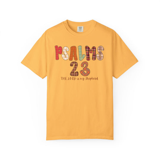 Mustard-yellow Psalms 23 Tee with fall-themed patchwork graphic, featuring PSALMS 23 and The LORD is my Shepherd in script font.
