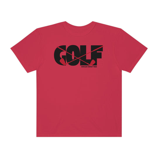 A relaxed-fit Golf Tee in red with black text, made of 100% ring-spun cotton. Soft-washed and garment-dyed for coziness, featuring double-needle stitching for durability and a seamless design for a tubular shape.