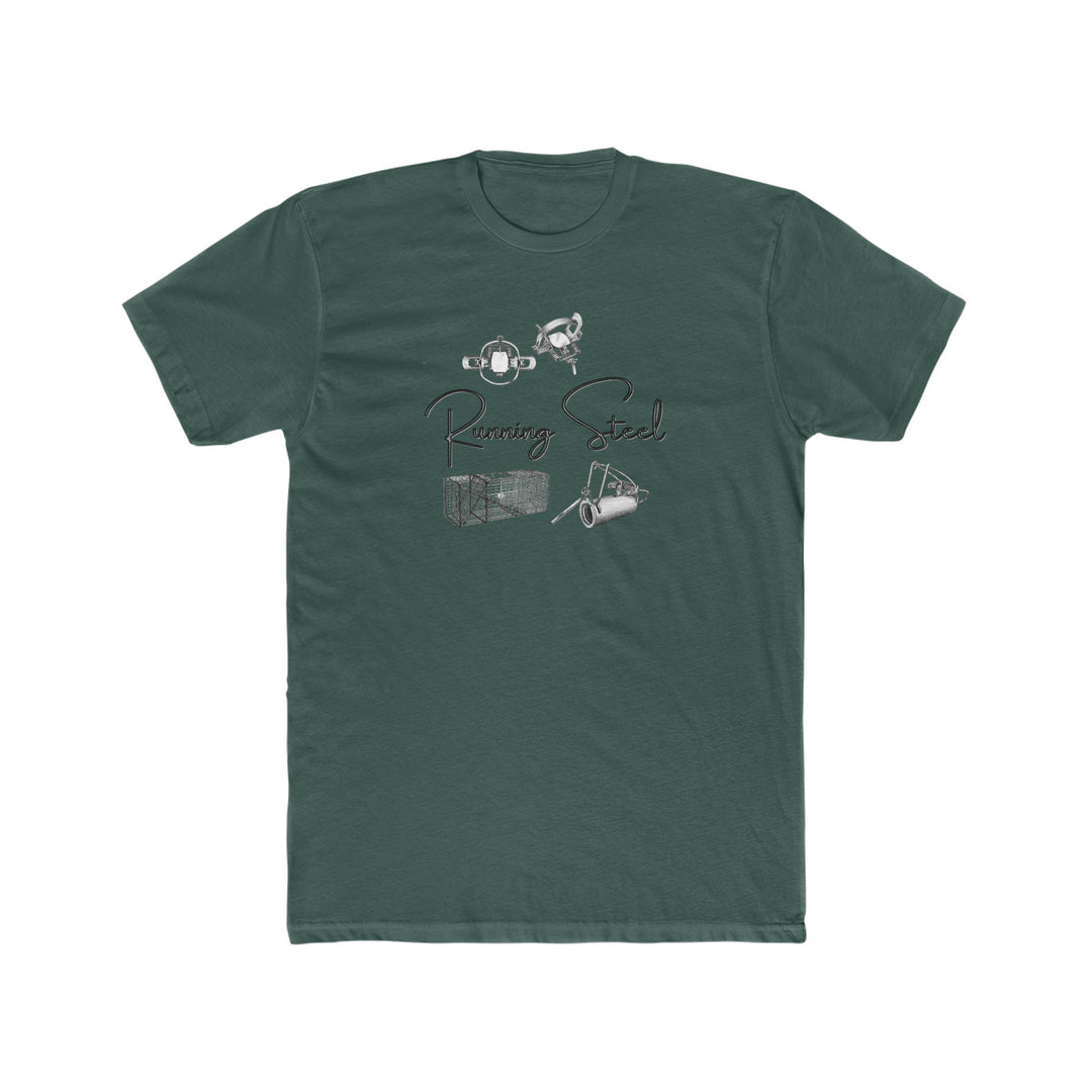 A premium Running Steel Tee, featuring a green t-shirt with a graphic design. Made of 100% combed, ring-spun cotton, light fabric, tear-away label, and a comfortable, statement-making fit.