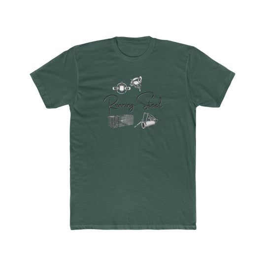 A premium Running Steel Tee, featuring a green t-shirt with a graphic design. Made of 100% combed, ring-spun cotton, light fabric, tear-away label, and a comfortable, statement-making fit.