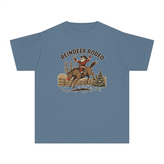Kids' Reindeer Rodeo tee featuring Santa on a bucking reindeer with lasso, crafted from soft, 100% combed cotton for comfort and agility.