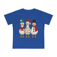 Christmas Geese Baby Tee featuring three festive, bird-like figures in holiday attire on a soft, durable blue T-shirt for infants.