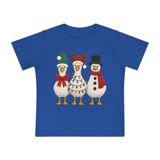 Christmas Geese Baby Tee featuring three festive, bird-like figures in holiday attire on a soft, durable blue T-shirt for infants.