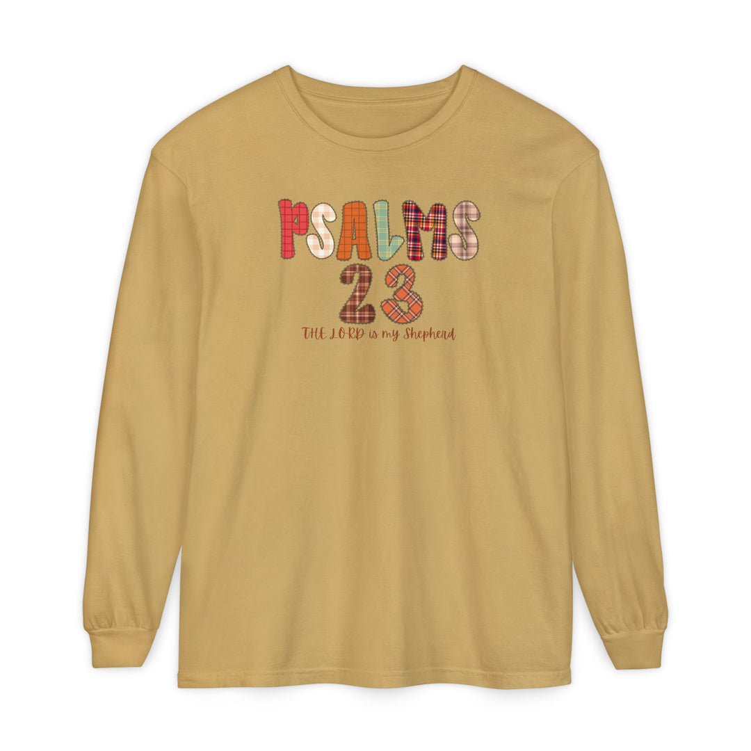 Psalms 23 Long Sleeve Tee features a patchwork-style “PSALMS 23” design with “The Lord is my shepherd” script on mustard-yellow, 100% cotton for comfort and style.
