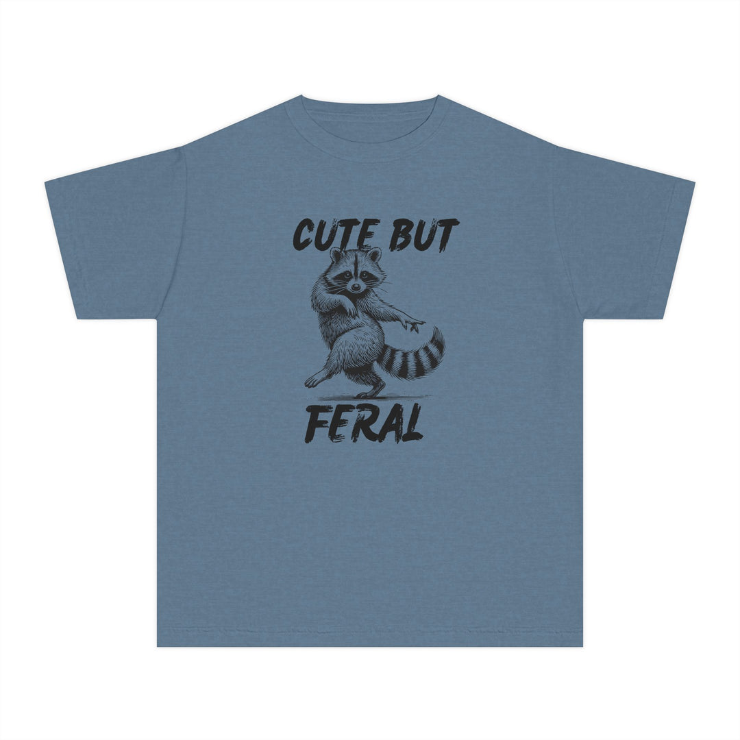 Heather-blue kids' T-shirt featuring Cute but Feral with a playful raccoon illustration, made from soft, durable cotton for comfort and active wear.
