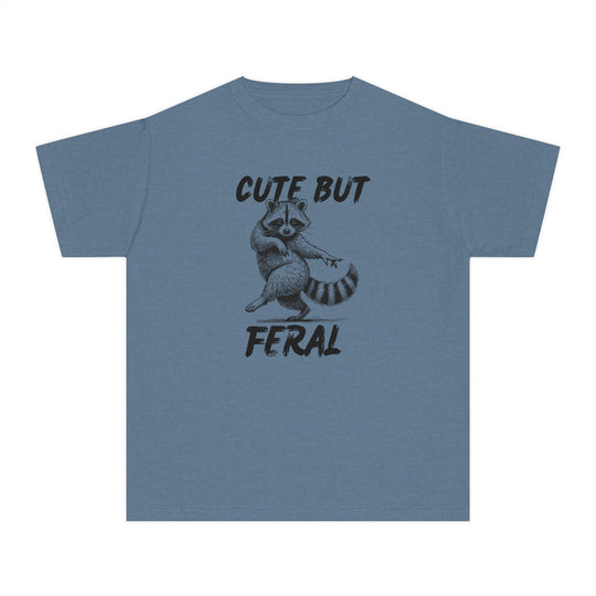 Heather-blue kids' T-shirt featuring Cute but Feral with a playful raccoon illustration, made from soft, durable cotton for comfort and active wear.