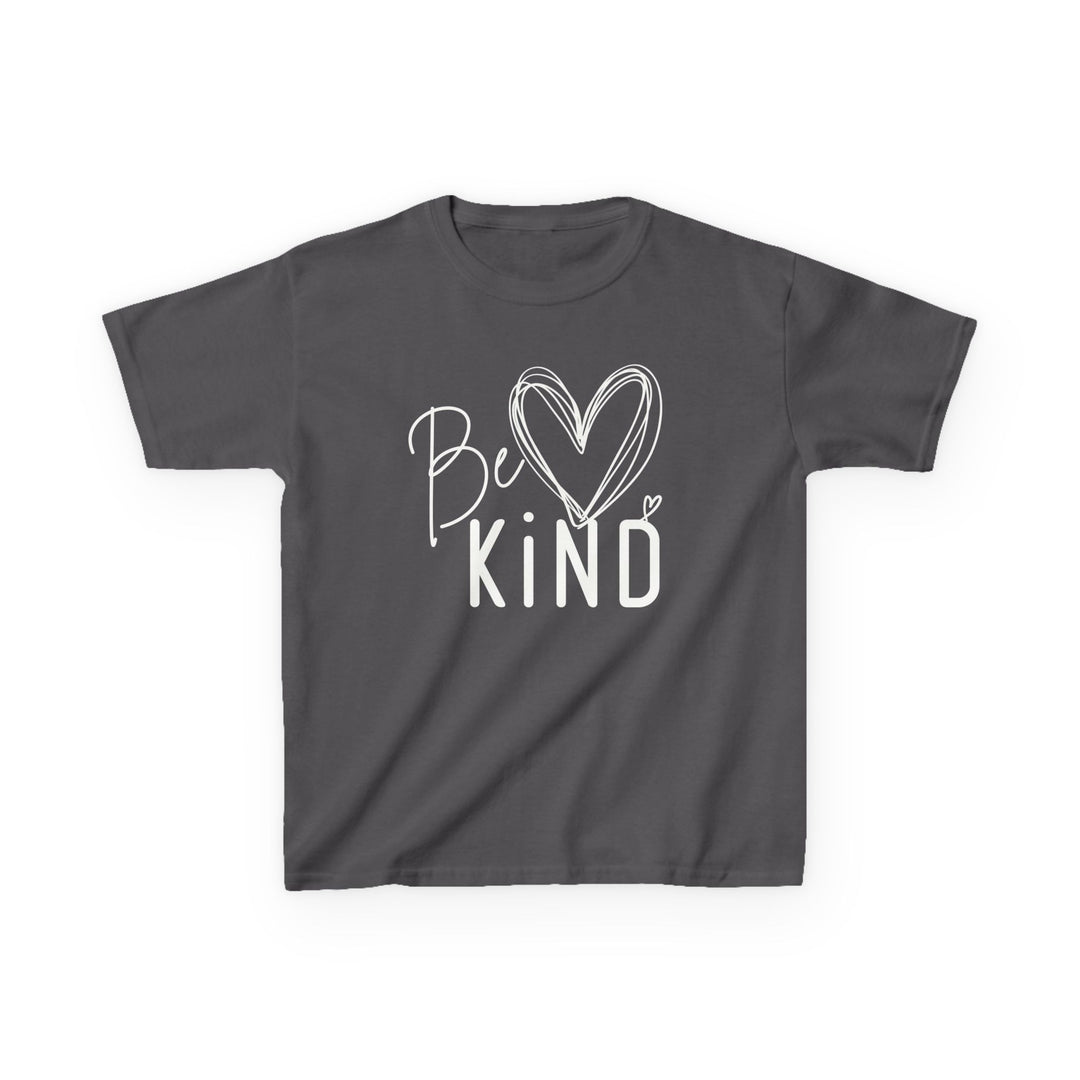 Dark-gray Be Kind Kids Tee with hand-drawn script and heart, crafted from soft, durable cotton, featuring a crew neck and classic fit for everyday comfort.