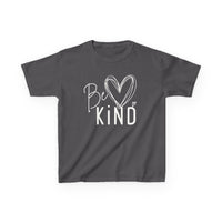 Dark-gray Be Kind Kids Tee with hand-drawn script and heart, crafted from soft, durable cotton, featuring a crew neck and classic fit for everyday comfort.