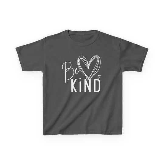 Dark-gray Be Kind Kids Tee with hand-drawn script and heart, crafted from soft, durable cotton, featuring a crew neck and classic fit for everyday comfort.