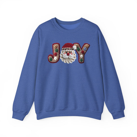 Royal-blue crewneck sweatshirt with JOY in tufted yarn style, featuring a Santa-face motif and colorful pom-poms, ideal for festive occasions.