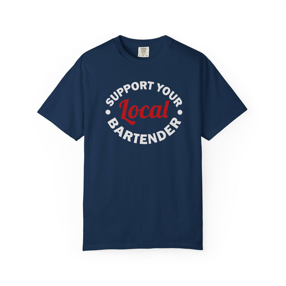 Navy-blue Support Your Local Bartender T-shirt by Comfort Colors, featuring a circular slogan design in white and red. Available in multiple sizes, offering a relaxed fit.